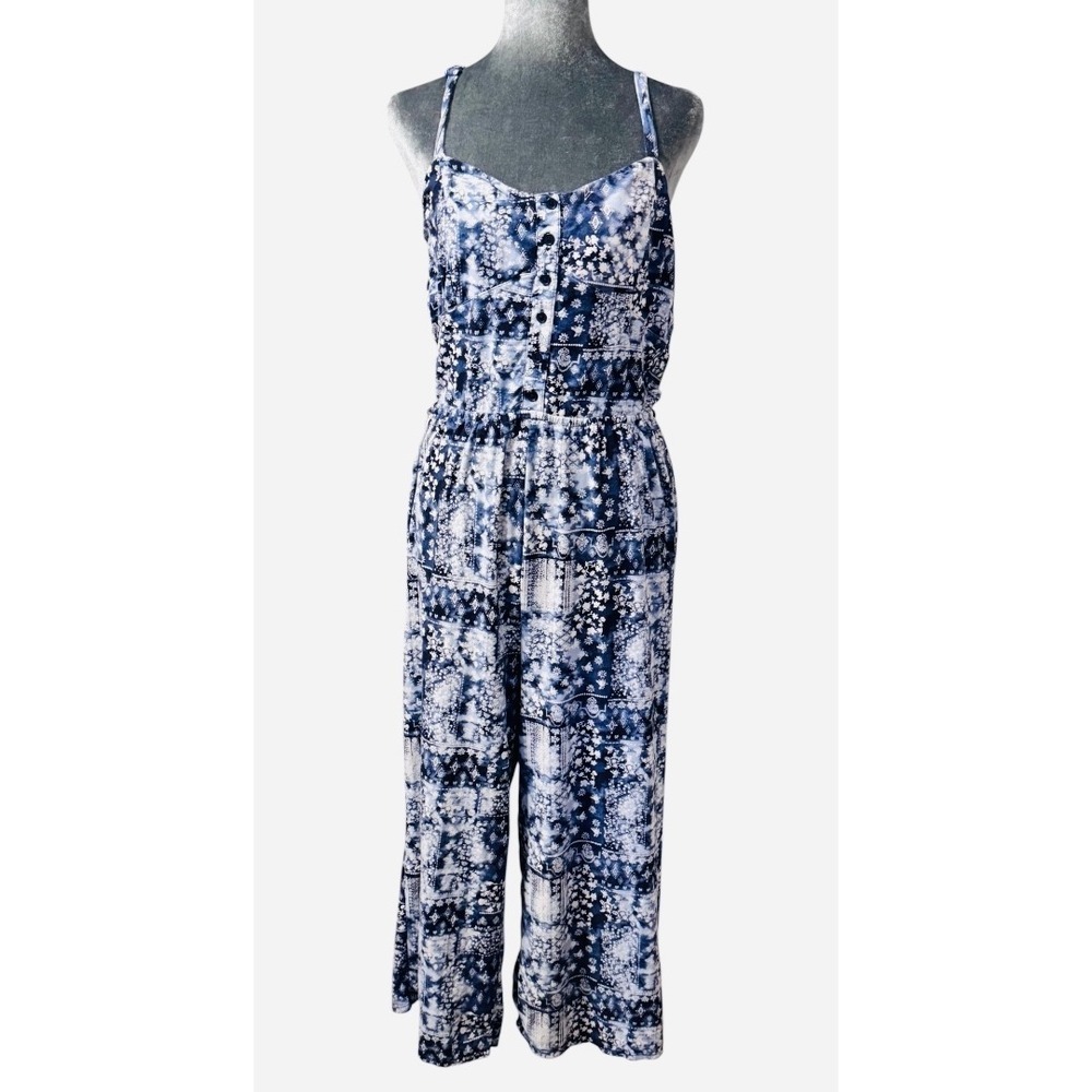 No Boundaries Blue Patchwork Floral Wide Leg Jumpsuit Crochet Back XL 15-17 Jr